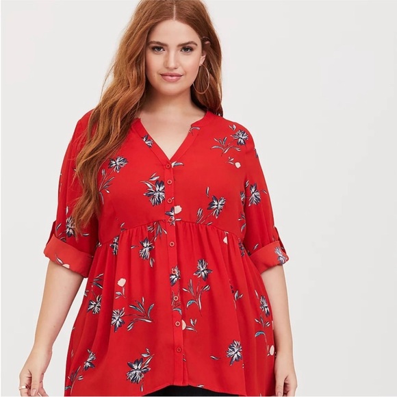torrid Tops - Torrid Lexi‎ Red Floral High Low Georgette Tunic Size 6X Roll Tab Sleeves